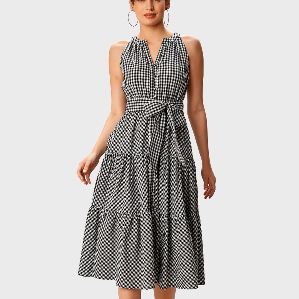 Eshakti Gingham Check Cotton Runched Tier Dress NWOT
